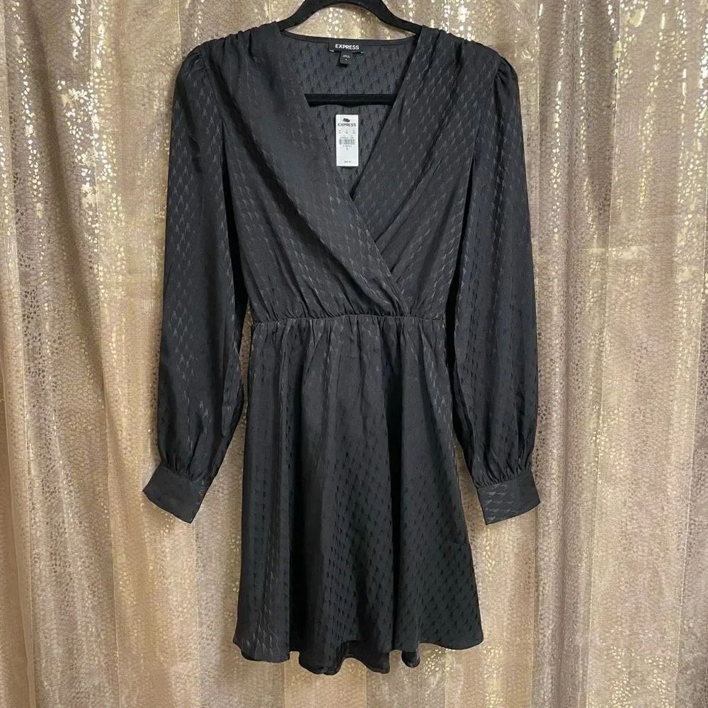 Express black silky long sleeve wrap mini dress, Small NWT